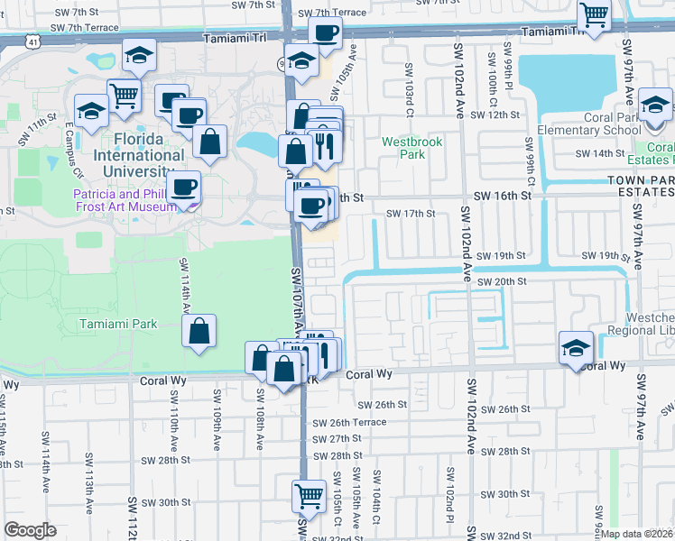 map of restaurants, bars, coffee shops, grocery stores, and more near 2000 Southwest 104th Place in Miami