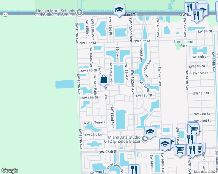 map of restaurants, bars, coffee shops, grocery stores, and more near 15352 Southwest 17th Terrace in Miami