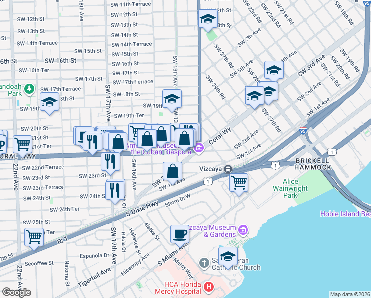 map of restaurants, bars, coffee shops, grocery stores, and more near 1257 Southwest 21st Terrace in Miami