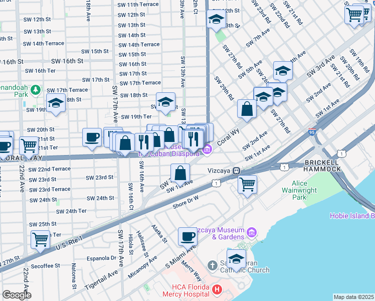 map of restaurants, bars, coffee shops, grocery stores, and more near 1257 Southwest 21st Terrace in Miami