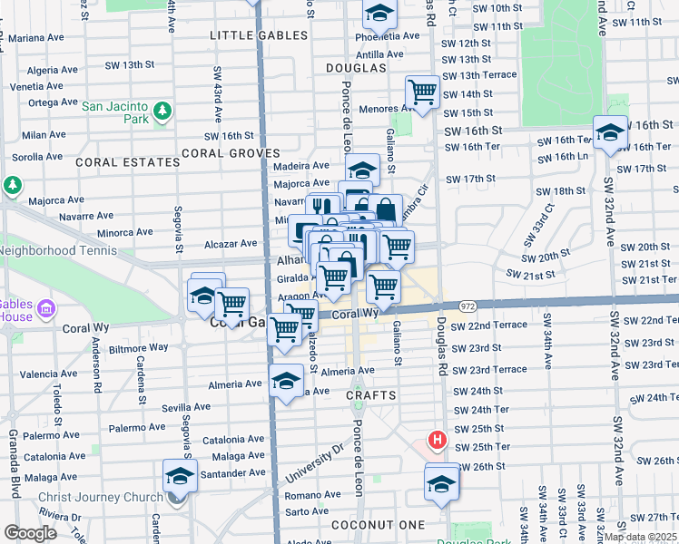 map of restaurants, bars, coffee shops, grocery stores, and more near 118 Ponce de Leon in Coral Gables