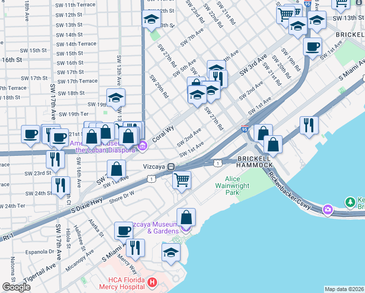 map of restaurants, bars, coffee shops, grocery stores, and more near 200 Southwest 30th Road in Miami