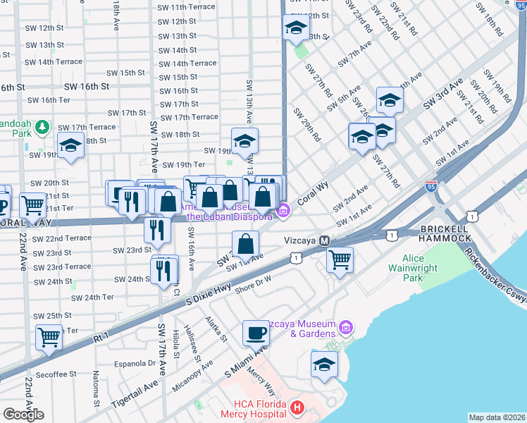 map of restaurants, bars, coffee shops, grocery stores, and more near 1257 Southwest 21st Terrace in Miami