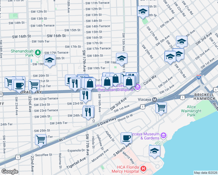 map of restaurants, bars, coffee shops, grocery stores, and more near 2102 Southwest 14th Avenue in Miami