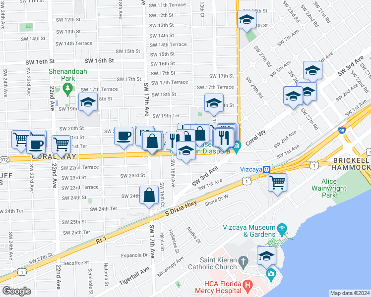 map of restaurants, bars, coffee shops, grocery stores, and more near 2102 Southwest 14th Avenue in Miami