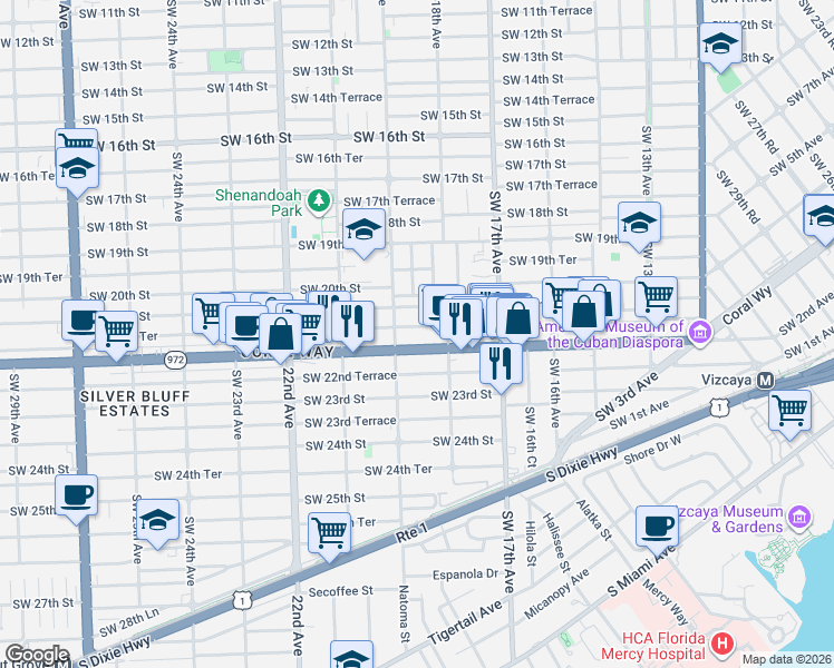 map of restaurants, bars, coffee shops, grocery stores, and more near 1814 Southwest 21st Street in Miami