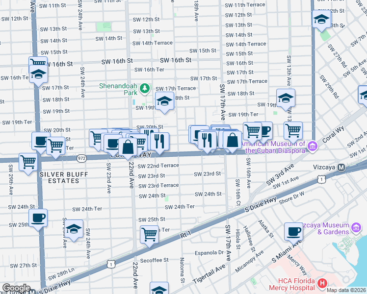 map of restaurants, bars, coffee shops, grocery stores, and more near 1890 Southwest 21st Street in Miami