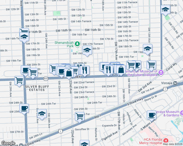 map of restaurants, bars, coffee shops, grocery stores, and more near 1890 Southwest 21st Street in Miami