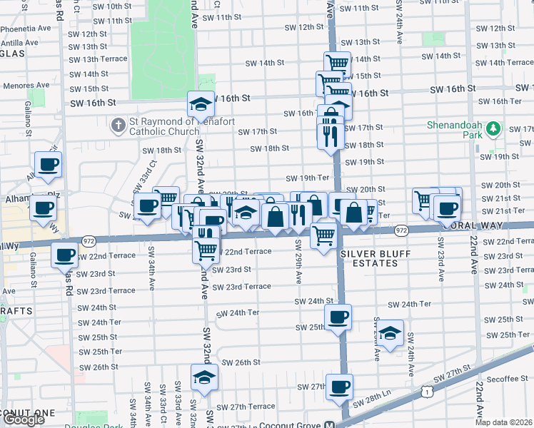 map of restaurants, bars, coffee shops, grocery stores, and more near 3005 Southwest 21st Street in Miami