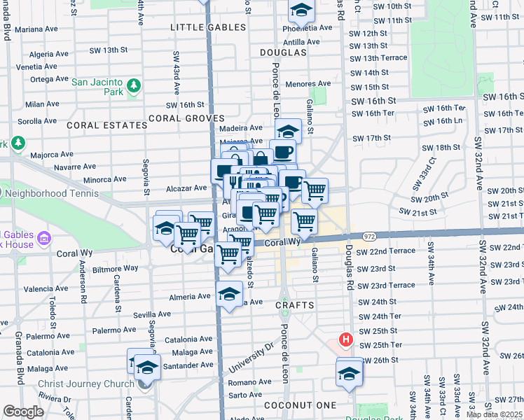 map of restaurants, bars, coffee shops, grocery stores, and more near 299 Alhambra Circle in Coral Gables