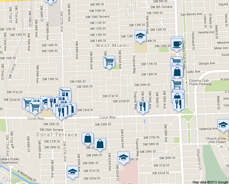 map of restaurants, bars, coffee shops, grocery stores, and more near 6230 Southwest 20th Street in Miami