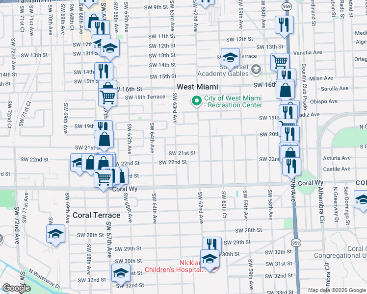 map of restaurants, bars, coffee shops, grocery stores, and more near 6230 Southwest 20th Street in Miami