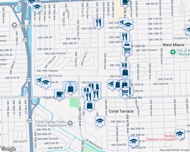 map of restaurants, bars, coffee shops, grocery stores, and more near 1945 Southwest 70th Avenue in Miami