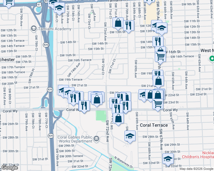 map of restaurants, bars, coffee shops, grocery stores, and more near 1930 Southwest 71st Court in Miami