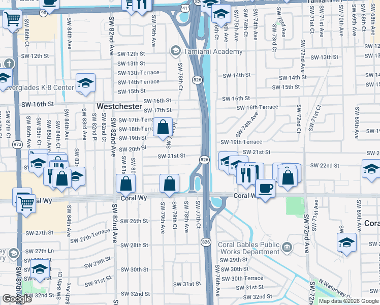 map of restaurants, bars, coffee shops, grocery stores, and more near 7761 Southwest 20th Street in Miami
