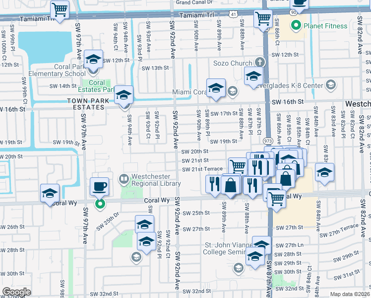 map of restaurants, bars, coffee shops, grocery stores, and more near 9111 Southwest 19th Street in Miami