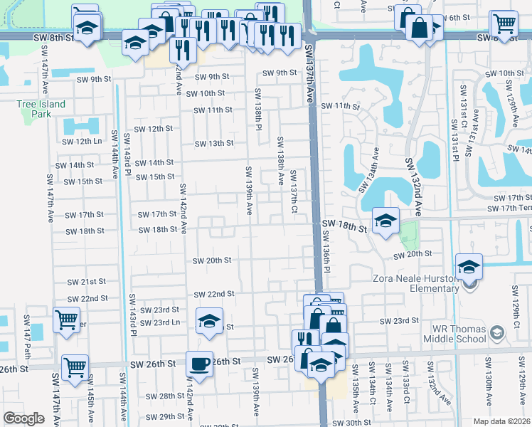 map of restaurants, bars, coffee shops, grocery stores, and more near 1634 Southwest 138th Place in Miami