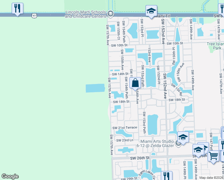 map of restaurants, bars, coffee shops, grocery stores, and more near 15638 Southwest 15th Terrace in Miami
