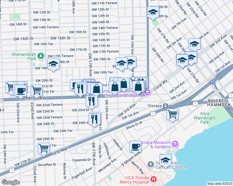 map of restaurants, bars, coffee shops, grocery stores, and more near 2102 Southwest 14th Avenue in Miami