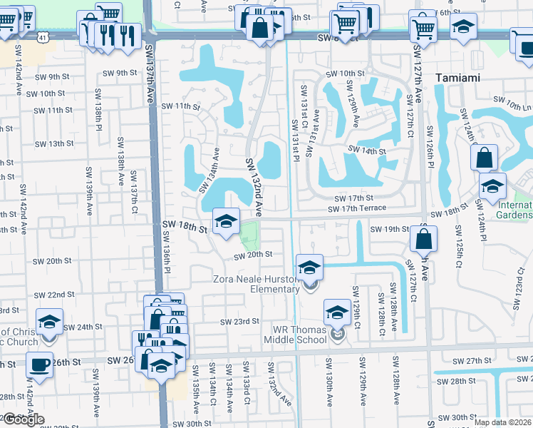 map of restaurants, bars, coffee shops, grocery stores, and more near 13201 Southwest 17th Lane in Miami