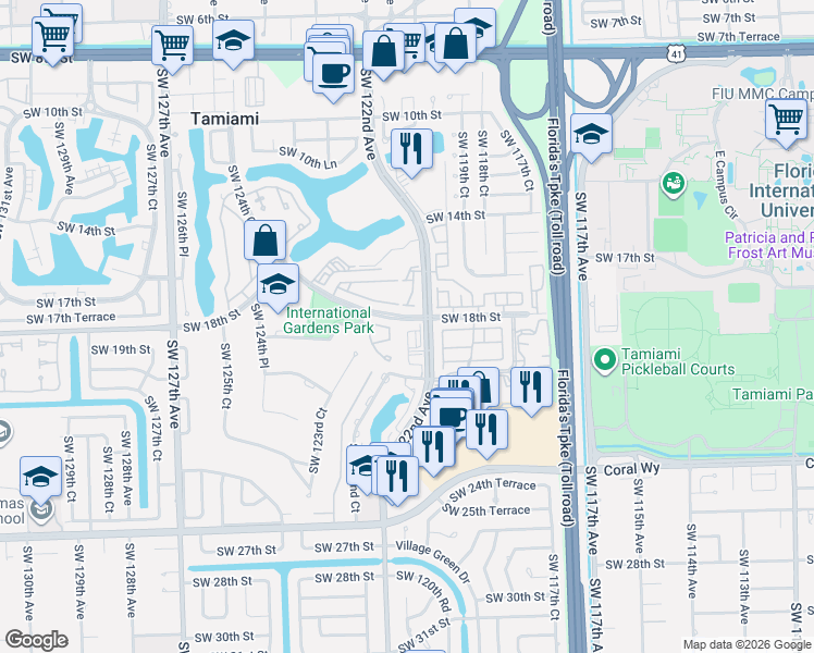 map of restaurants, bars, coffee shops, grocery stores, and more near 1620 Southwest 122nd Court in Miami