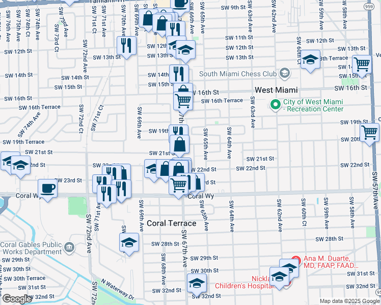 map of restaurants, bars, coffee shops, grocery stores, and more near 2040 Southwest 66th Avenue in Miami