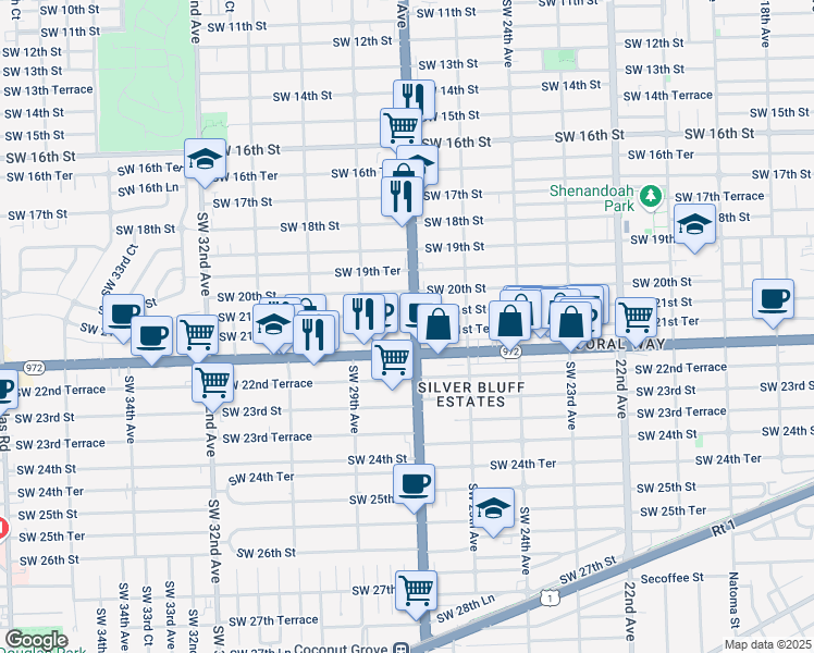 map of restaurants, bars, coffee shops, grocery stores, and more near 2075 Southwest 27th Avenue in Miami