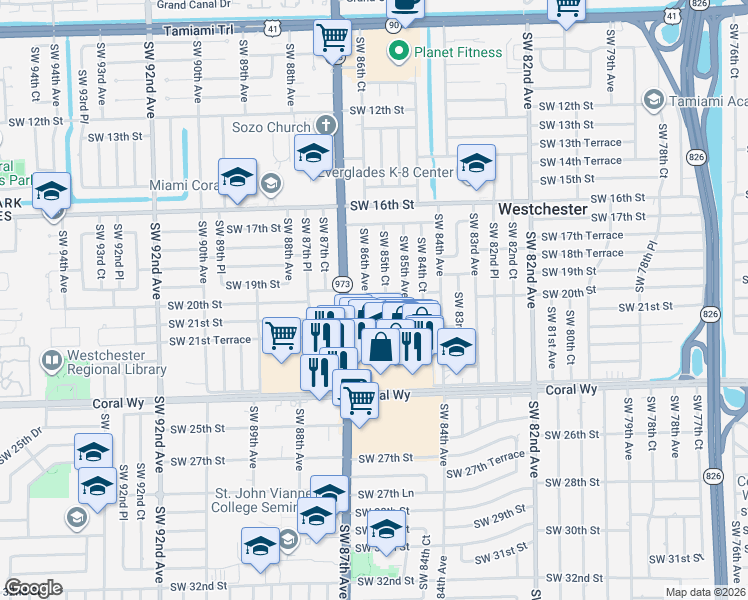 map of restaurants, bars, coffee shops, grocery stores, and more near 8550 Southwest 20th Street in Miami