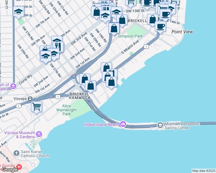 map of restaurants, bars, coffee shops, grocery stores, and more near 2285 Brickell Avenue in Miami