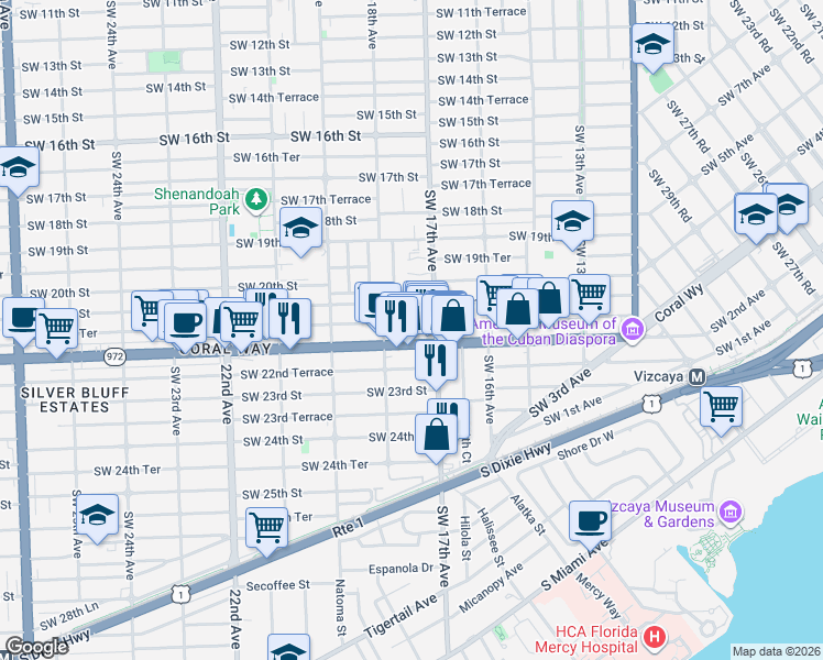 map of restaurants, bars, coffee shops, grocery stores, and more near 1738 Southwest 21st Street in Miami
