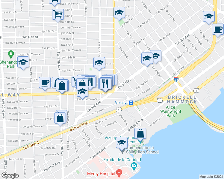 map of restaurants, bars, coffee shops, grocery stores, and more near 1201 Coral Way in Miami