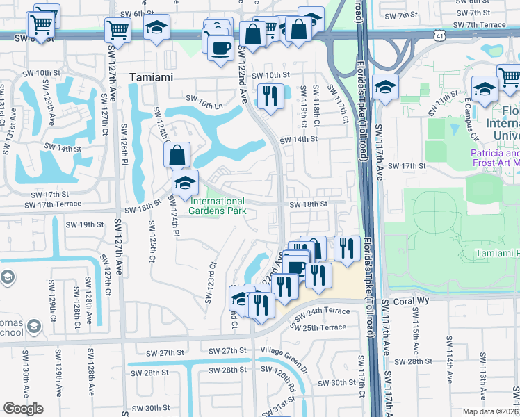 map of restaurants, bars, coffee shops, grocery stores, and more near 1620 Southwest 122nd Court in Miami