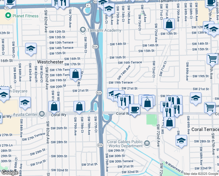 map of restaurants, bars, coffee shops, grocery stores, and more near 7630 Southwest 19th Terrace in Miami