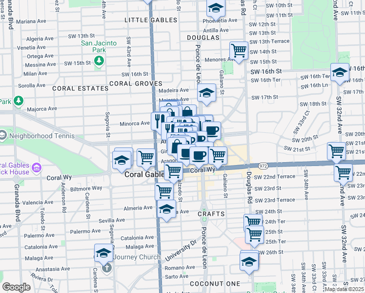 map of restaurants, bars, coffee shops, grocery stores, and more near 299 Alhambra Circle in Coral Gables