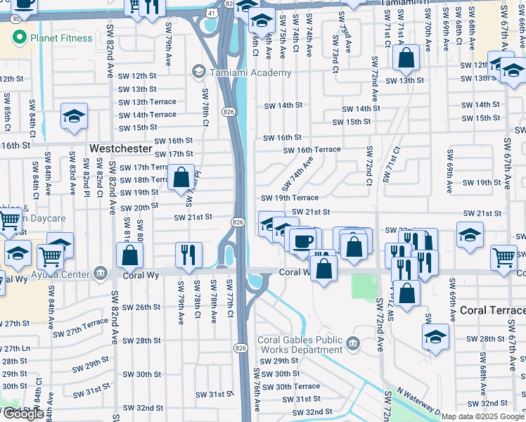 map of restaurants, bars, coffee shops, grocery stores, and more near 7630 Southwest 19th Terrace in Miami