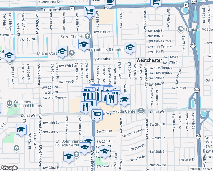 map of restaurants, bars, coffee shops, grocery stores, and more near 1925 Southwest 85th Court in Miami
