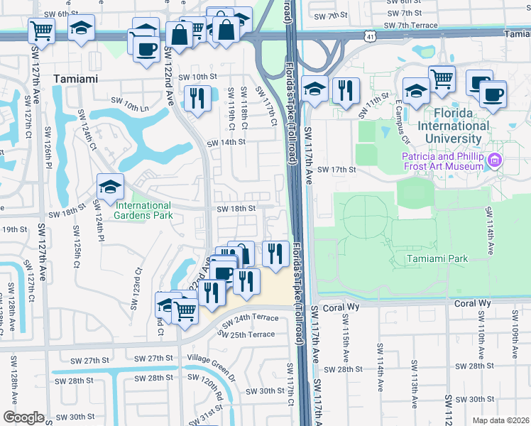 map of restaurants, bars, coffee shops, grocery stores, and more near 11757 Southwest 18th Street in Miami