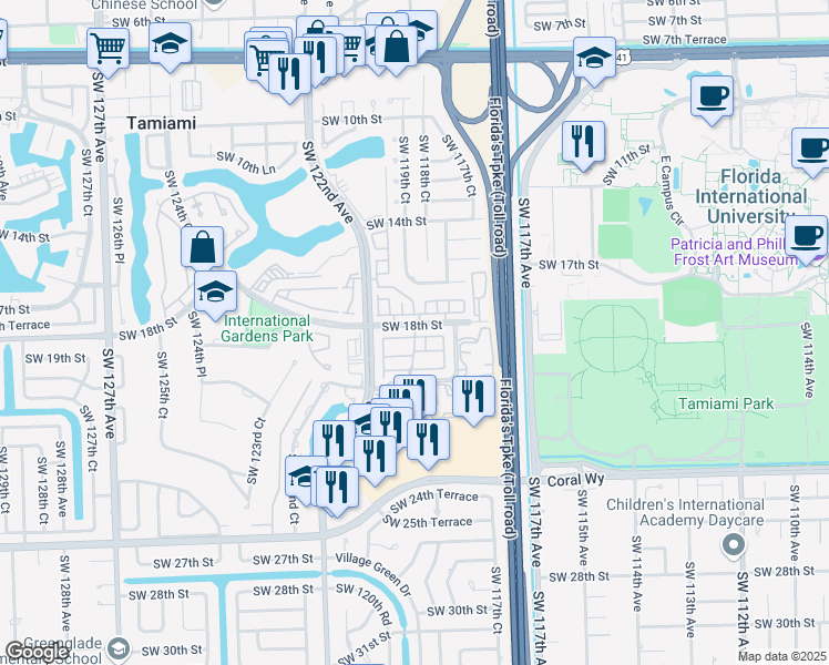 map of restaurants, bars, coffee shops, grocery stores, and more near 11801 Southwest 18th Street in Miami