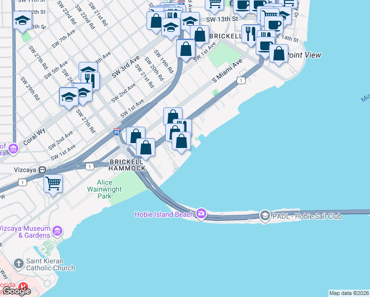 map of restaurants, bars, coffee shops, grocery stores, and more near 2101 Brickell Avenue in Miami