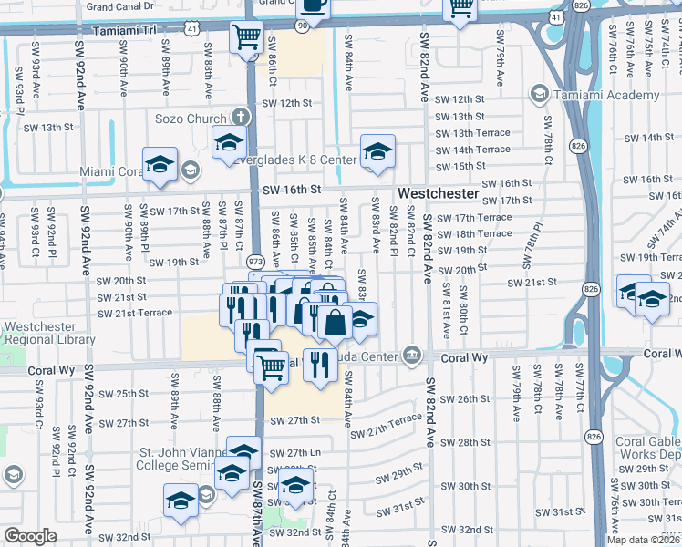 map of restaurants, bars, coffee shops, grocery stores, and more near 1912 Southwest 84th Court in Miami