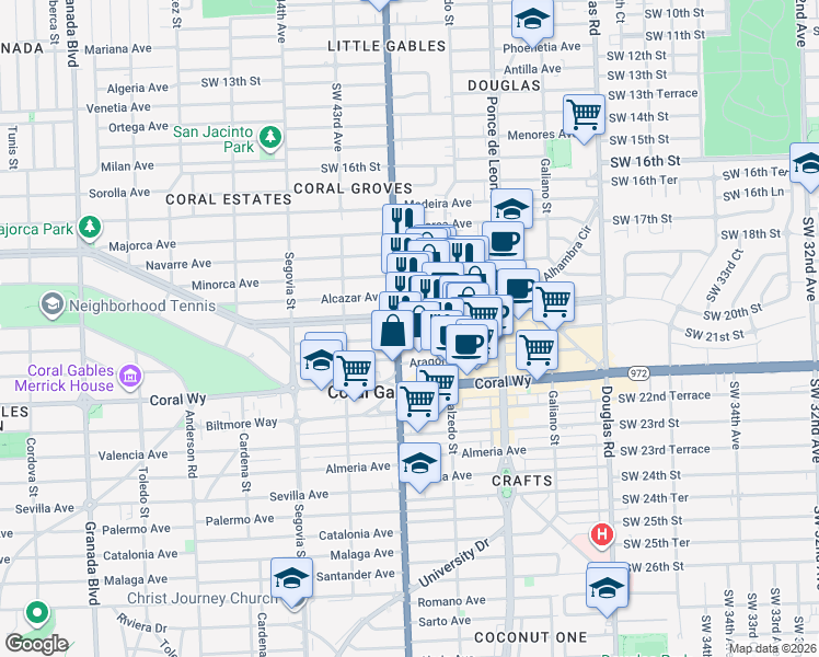 map of restaurants, bars, coffee shops, grocery stores, and more near 396 Alhambra Circle in Coral Gables