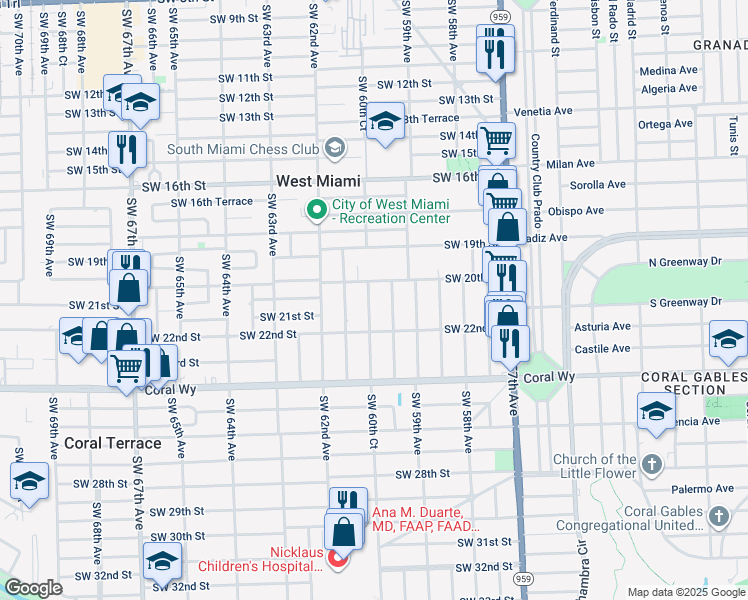 map of restaurants, bars, coffee shops, grocery stores, and more near 6030 Southwest 20th Street in Miami