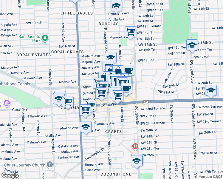 map of restaurants, bars, coffee shops, grocery stores, and more near 150 Alhambra Circle in Coral Gables