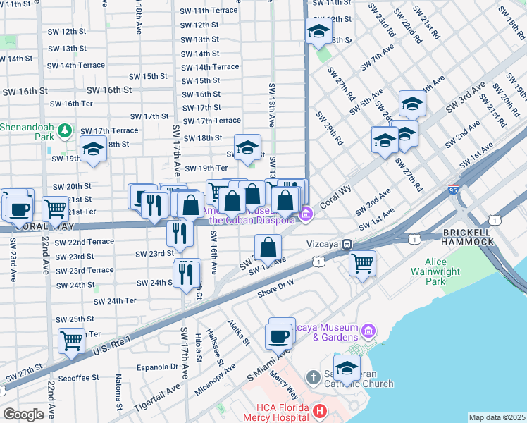map of restaurants, bars, coffee shops, grocery stores, and more near 1331 Southwest 21st Terrace in Miami