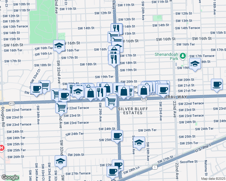 map of restaurants, bars, coffee shops, grocery stores, and more near 2761 Southwest 21st Street in Miami