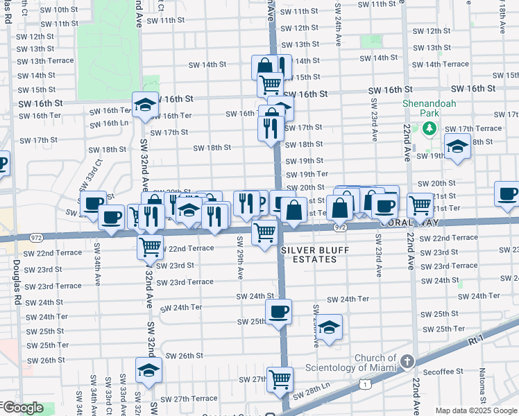 map of restaurants, bars, coffee shops, grocery stores, and more near 2761 Southwest 21st Street in Miami