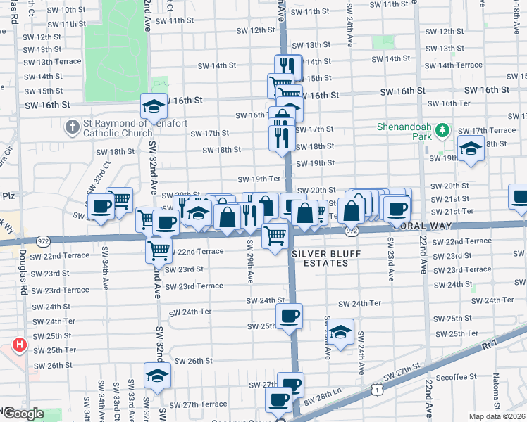 map of restaurants, bars, coffee shops, grocery stores, and more near 2761 Southwest 21st Street in Miami