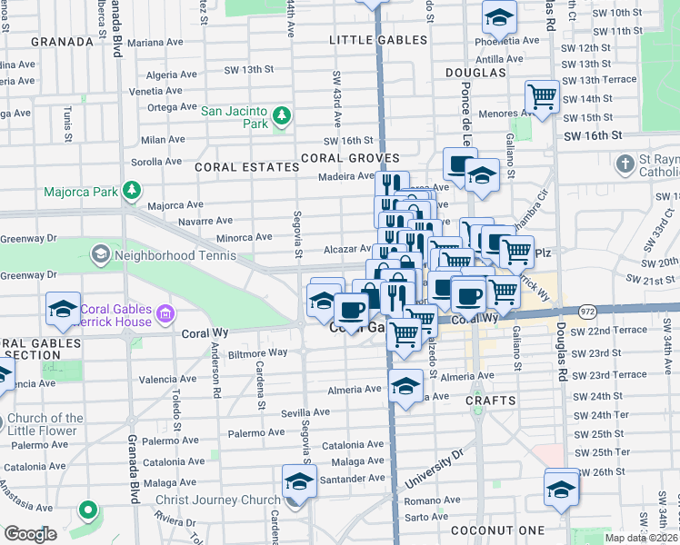 map of restaurants, bars, coffee shops, grocery stores, and more near 501 Alhambra Circle in Coral Gables