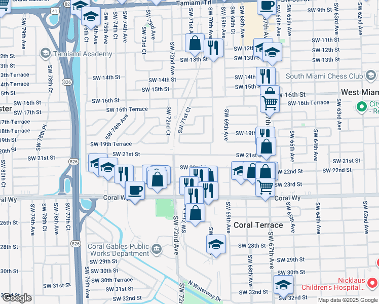 map of restaurants, bars, coffee shops, grocery stores, and more near 7100 Southwest 19th Terrace in Miami