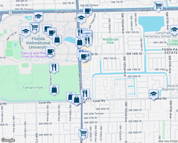 map of restaurants, bars, coffee shops, grocery stores, and more near 1805 Southwest 107th Avenue in Miami